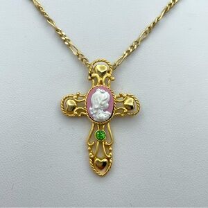 Beautiful Vintage Precious Moments Gold Tone Cameo Cross Necklace November